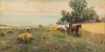 Frank F. English (British, 1854 - 1922) Harvest landscape, Watercolour, 39.5 x 79cm.