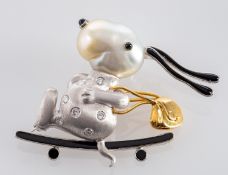 A cultured, baroque pearl and black enamel novelty Snoopy brooch, set with round,