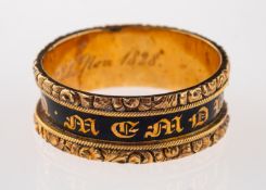 A George IV 18ct gold and black enamel memorial ring, circa 1828,