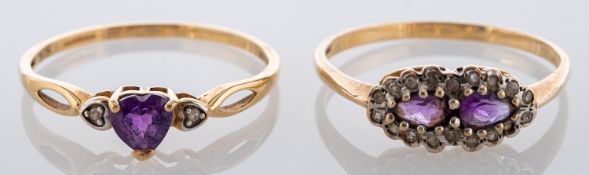 Two 9ct gold, amethyst and diamond rings,
