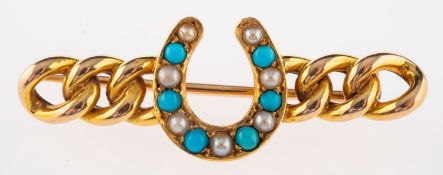 An Edwardian turquoise and seed pearl horseshoe brooch,