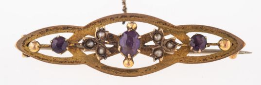 An amethyst and seed pearl brooch,