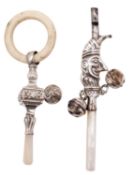 A late 19th century silver and bone child's rattle and teething ring, marks rubbed, Birmingham,