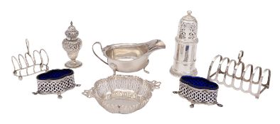 An Elizabeth II silver sugar caster, maker's mark rubbed, Birmingham 1959, in the Queen Ann style,