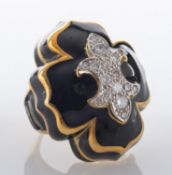 A Chrome Hearts style black enamel and round, brilliant-cut diamond ring, with a fleur de lys motif,
