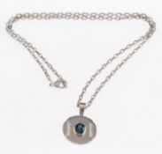 A platinum sapphire and diamond pendant and chain,