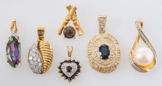 Six gemset pendants, including inter alia a 18ct gold, round, brilliant-cut diamond pendant,