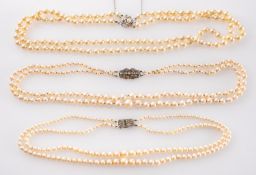 Three double-row, cultured pearl necklaces,