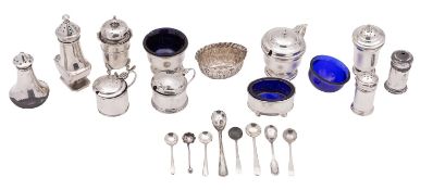 A collection of 20th century silver cruet, various dates and makers, comprising of three mustards,