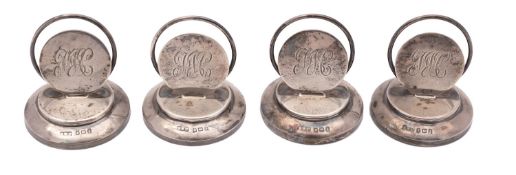 A set of four George V silver menu holders, Henry Williamson Ltd, Birmingham 1910,