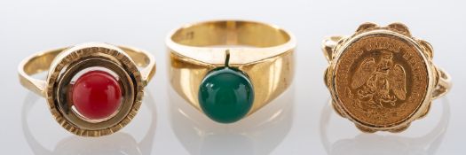 Three rings, including a ring set with cabochon-cut chrysophrase,