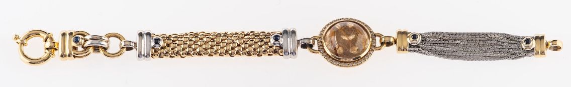 A 14ct gold, rutilated quartz, sapphire and diamond bracelet,