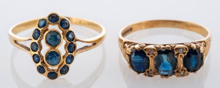Two 9ct gold, sapphire rings,