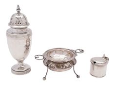 A George V silver sugar shaker, Harrods Ltd, London 1919, of vase shape, with pull off lid,