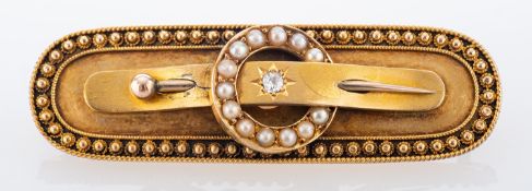 A late Victorian 15ct gold, diamond and seed pearl brooch,