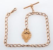 A 9ct gold curb-link watch chain, with dogclip, T-bar and cartouche pendant, length of chain ca.