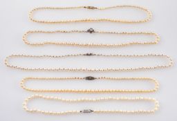 Five single-row, cultured pearl necklaces, of which four are graduated,