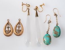 Three pairs of drop earrings, including a pair of agate earrings,