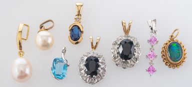 Eight gemset pendants,