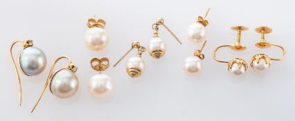 Five pairs of cultured pearl earrings,