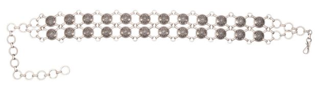 Armani Jeans. A silver plated logo chain link waist belt.