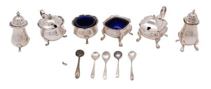 An Elizabeth II silver cruet set, Swatkins Group Ltd, Birmingham 1966, with blue glass liners,