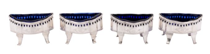A set of four George III silver open salts, maker Frances Purton, London 1790, of shaped oval form,