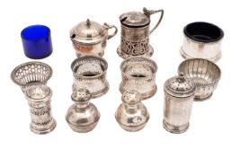 A George VI silver three-piece cruet, Adie Brothers, Birmingham 1927, missing glass linings,