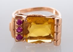 A yellow paste and synthetic ruby cocktail ring, stamped '14K', length of ring head ca. 1.