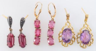 Three pairs of gemset drop earrings, including a pair of 9ct gold,