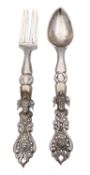 Two late 19th century Armenian/ Turkish silver spoon and fork, marked heavy gauge, 14.