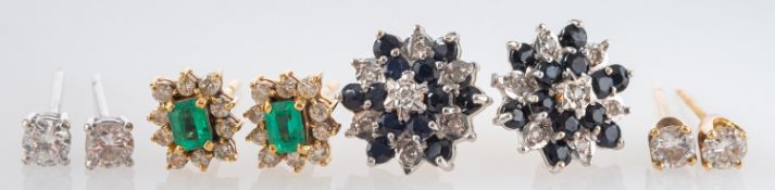 Four pairs of diamond ear studs, including two pairs of round, brilliant-cut diamond ear studs,