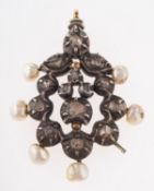 A late 18th century/ early 19th century rose-cut diamond, baroque-shaped pearl pendant,