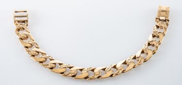 A 9ct gold, flattened, curb-link bracelet, with engraved decoration, total length ca.
