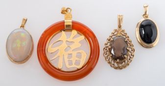 Four gemset pendants,