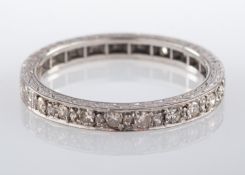A diamond set half eternity ring, half set with single-cut diamonds, ring size O, total weight ca.