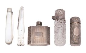 A George III silver and mother of pearl folding fruit knife and fork, William Nowill,