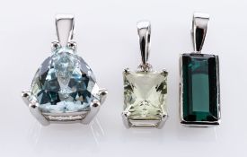 A Platinum Helidor Pendant, the rectangular stone claw set, a Platinum Green Tourmaline Pendant,