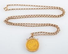 A 1913 half Sovereign, in a pendant mount, on a belcher link chain, stamped 9ct, 64cm long,