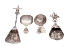 Four 20th century caddy spoons, one with anthemion design handle Cooper Brothers and Son,