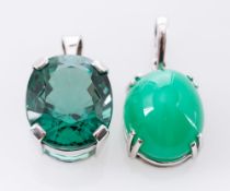A 9ct Gold Chrysophase Pendant, the cabochon stone claw set, and a 9ct Gold Green Amethyst Pendant,