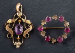 A gemset pendant and brooch, including an amethyst and seed pearl openwork pendant, length ca.