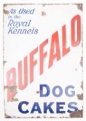 A enamel advertising sign 'Buffalo Dog Cakes', blue and red text on a white reserve, 66 x 46cm.