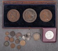 Three bronze medallions including 1851 Great Exhibition juror medallion (2 1/2in) with two Napoleon
