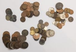 A collection of mixed coins including;- 1887 Florin, 1773 Farthing, Georgian and other copper, etc.