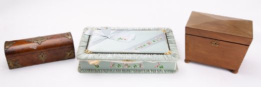 A collection of various buttons, contained in a mahogany tea caddy,