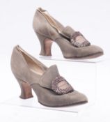 A pair of early 20th century green suede court shoes, maker Grand Luxe,