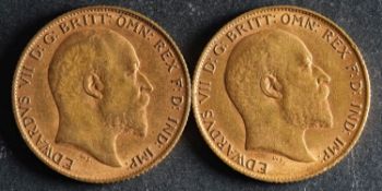 Two Edwardian half sovereign coins, dated 1908 and 1909.