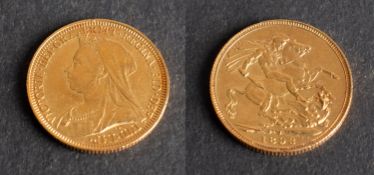 A Victorian gold Sovereign coin, dated 1893, diameter ca. 22mms, total weight ca. 8gms.