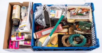 A collection of various fishing tackle and accessories, including a pair of Sims waders,